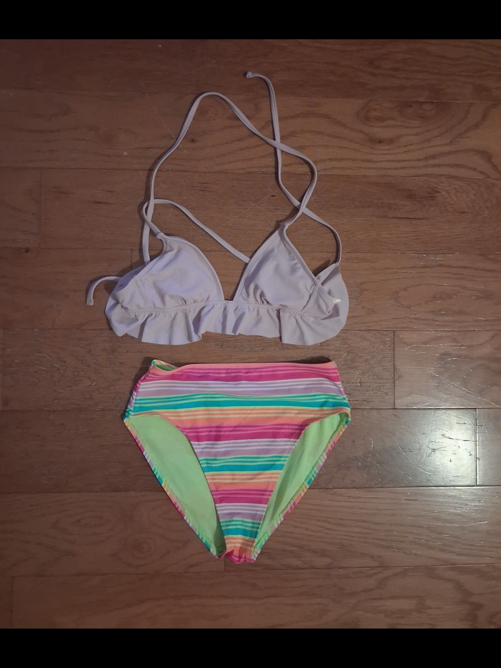 Two-Piece Bikini Set - Light Lavender Top & Multicolor Striped Bottom. S/m